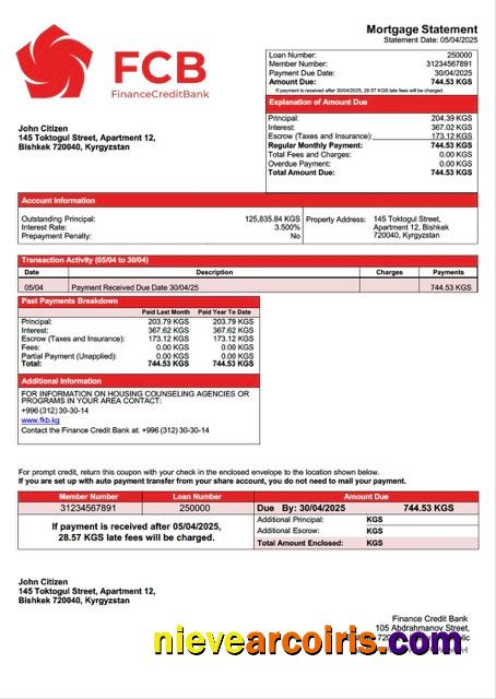 Kyrgyzstan Finance Credit Bank mortgage statement Word and PDF template